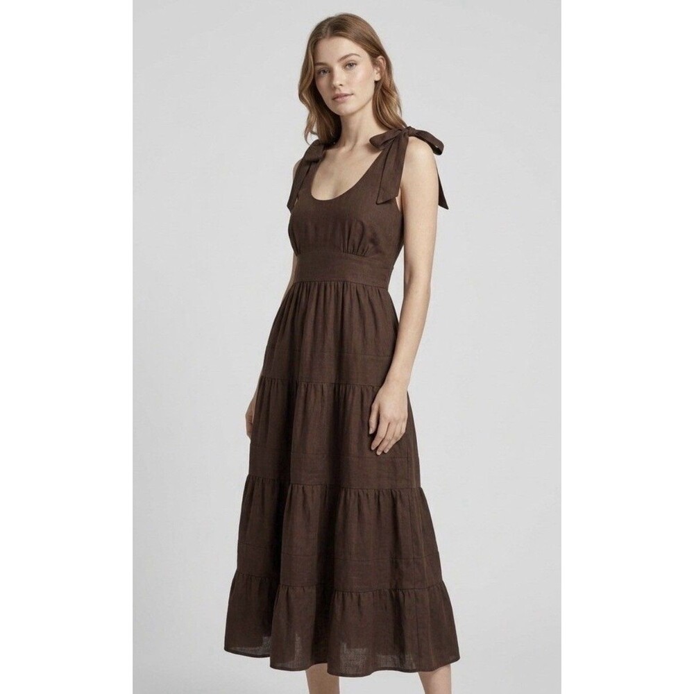 House of Harlow 1960 Brown Linen Blend Tiered Tie Shoulder Midi Dress Size S